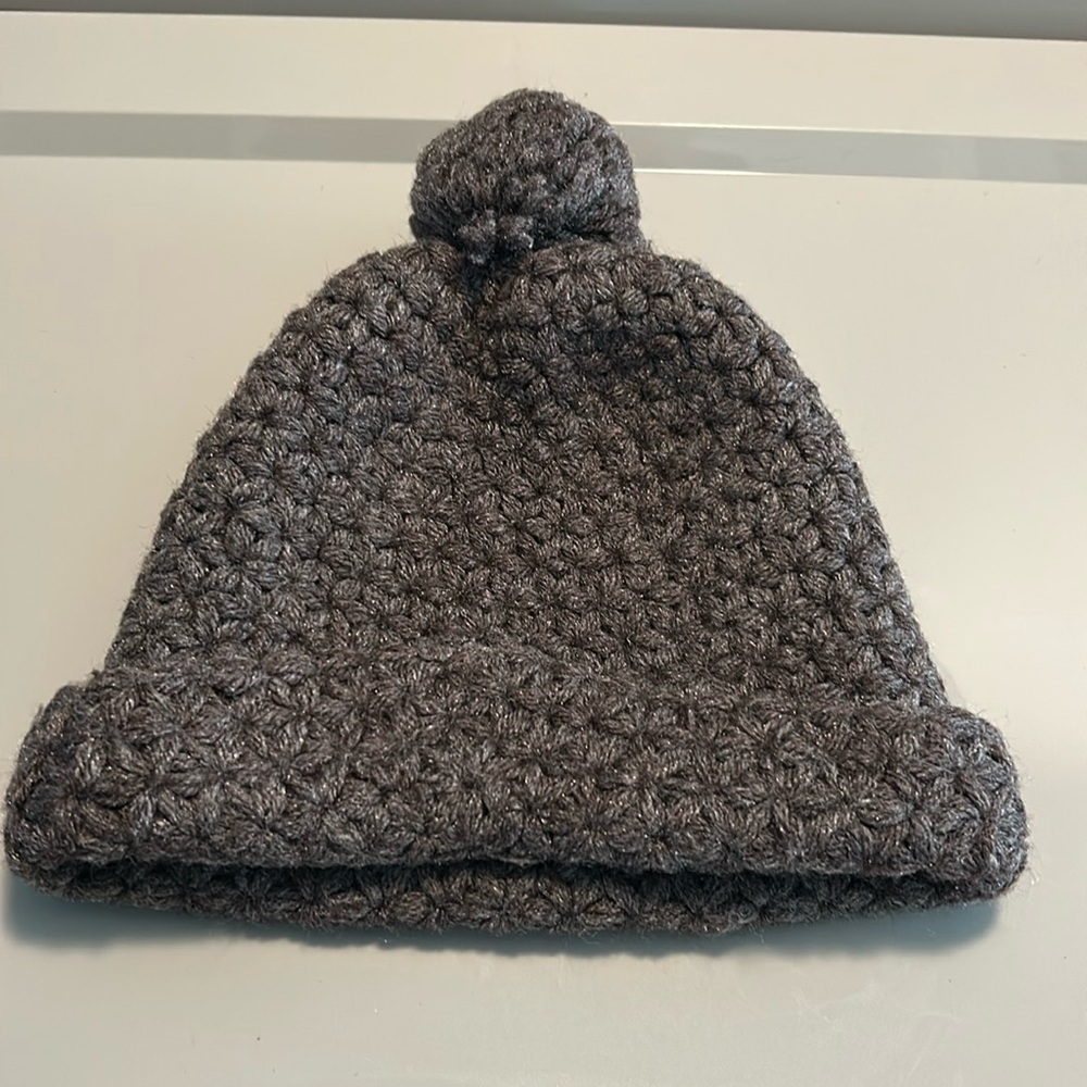 Handmade Wool Knit Gray Winter Beanie Pom Hat . OS fits Most